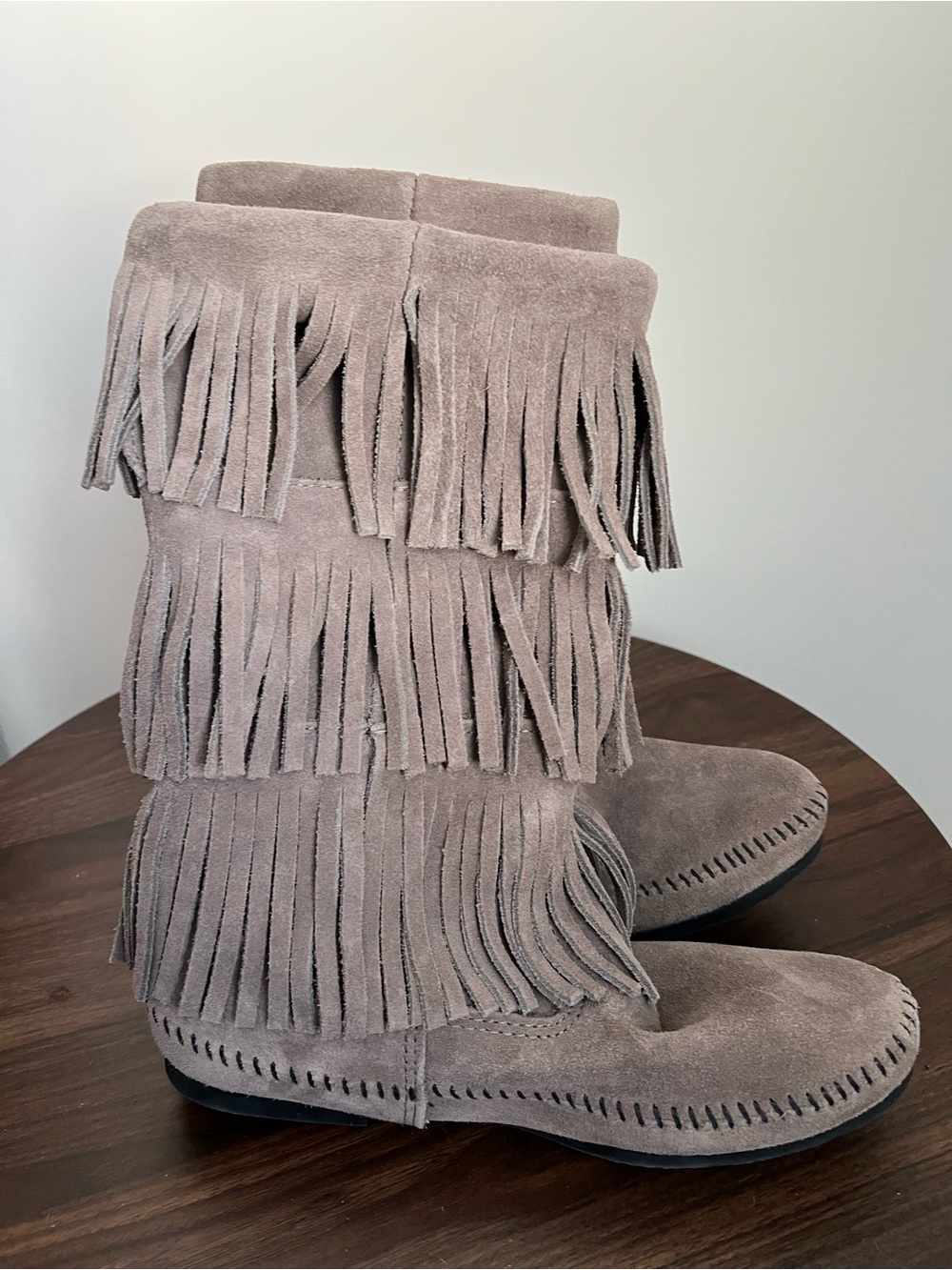 Minnetonka Taupe Suede Triple-Fringe Moccasin Boots